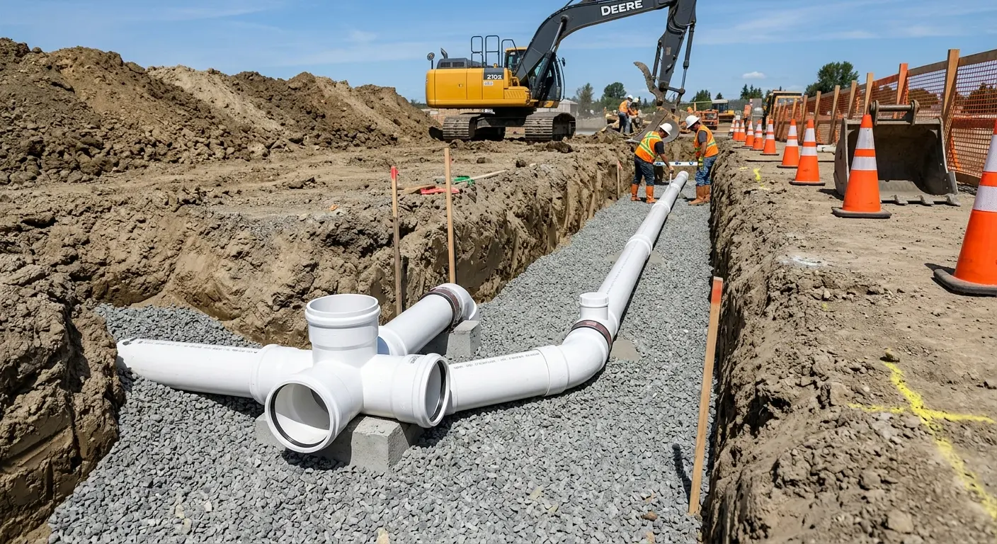 New PVC sewer pipe installation in open trench for Sewer Backup in Wilmington Island