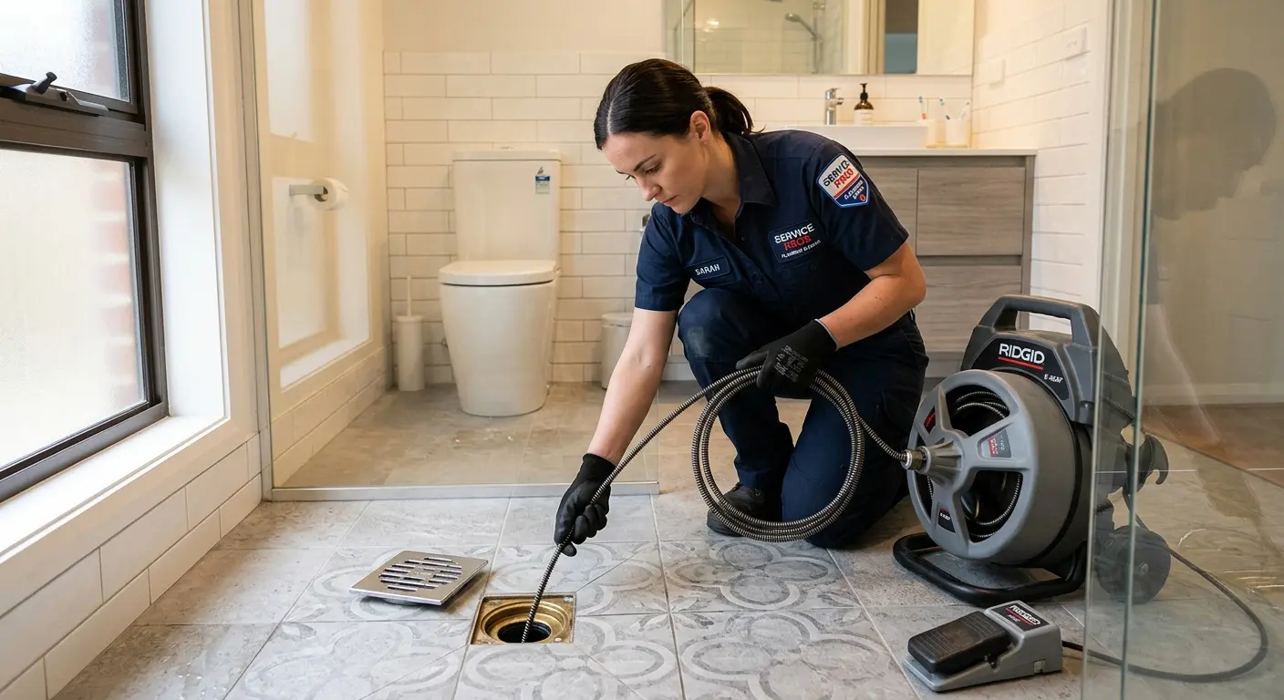 Technician clearing a bathroom floor drain for Sewer Line Installation in Wilmington Island